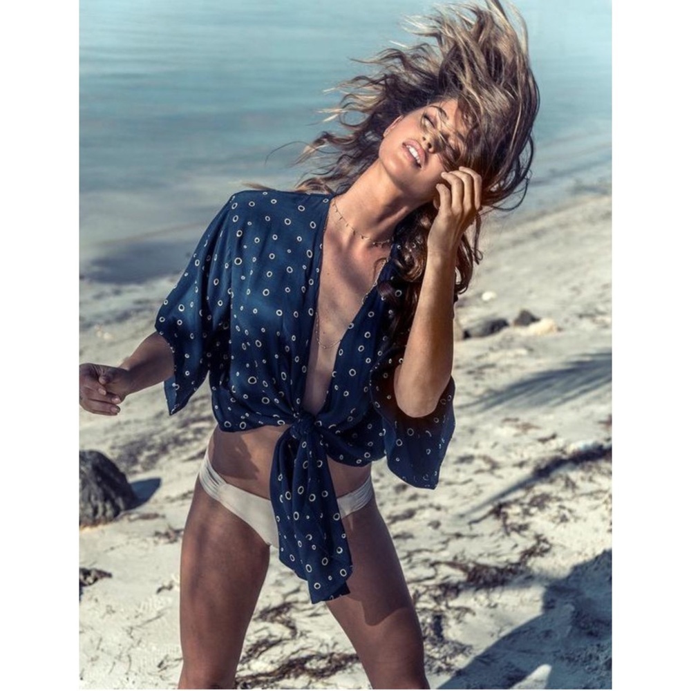 Faithfull the Brand Navy Dotted Tie Front Bohemian Kimono sleeve Top